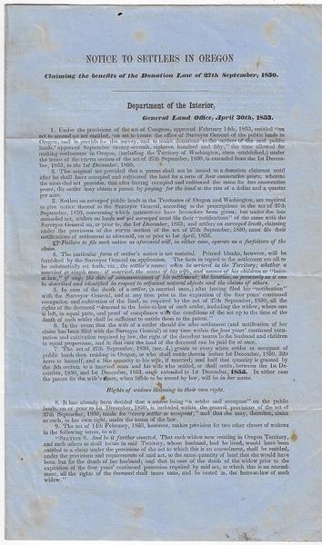 SCARCE OREGON TERRITORY LAND PROMOTION – THE DONATION LAW OF 27TH SEPTEMBER 1850