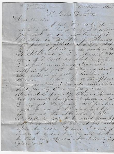Michigan State letter dated St. Clair - Dec. 22, 1882