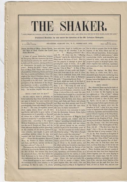 THE SHAKER. Vol. II 0 No. 2. SHAKERS, ALBANY CO. N.Y. FEBRUARY, 1872