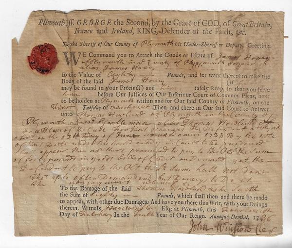 FEBRUARY 14, 1736 WRIT FROM PLYMOUTH COLONY