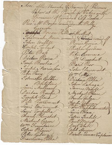 A List of Canadian Taken Prisoner Just After The Battle of Quebec In The American Revolution