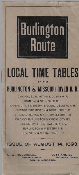 Burlington Route - Local Time Table - August 14, 1893