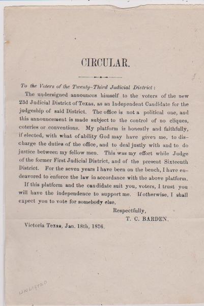 Texas - Circular - Jan. 18th, 1876