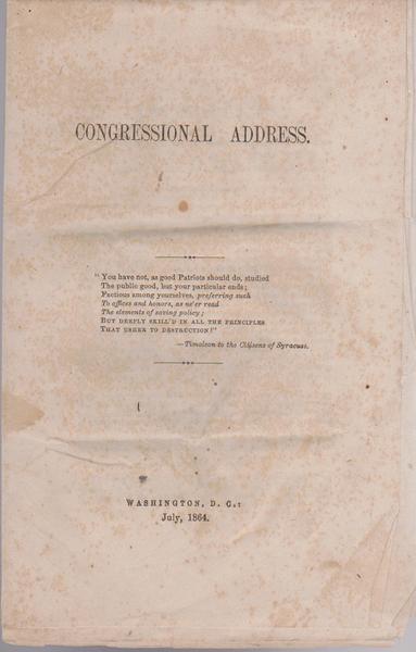 Congressional Address Concerning Copperheads and Negro Troops - July, 1864