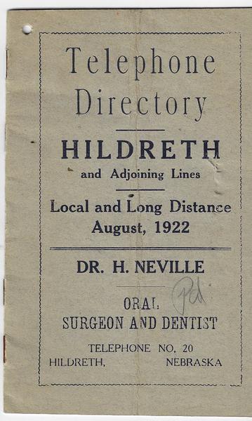 Hildreth, Nebraska Telephone Directory - 1922