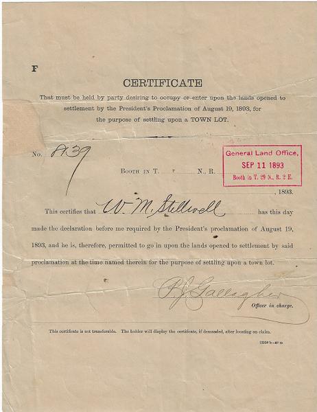 Indian Territory Certificate - August 19, 1893