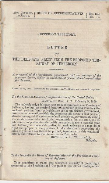 Territory of Jefferson - Statehood For Colorado