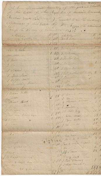1832 Ohio Estate Inventory of John Rogers