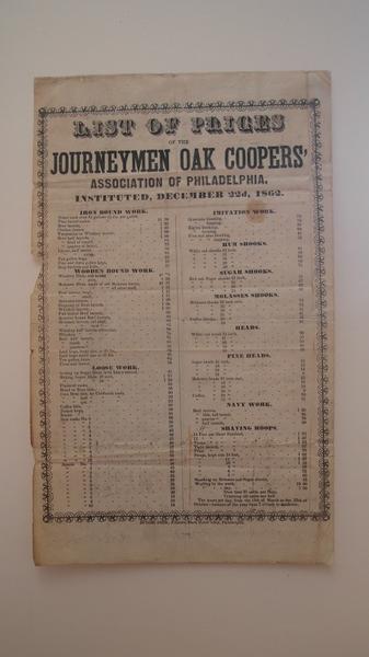 1862 - List of Prices of the Journeymen Oak Coopers' Association of Philadelphia