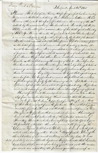 A Heinous Crime - President Lincoln's Assassination Political Letter - April 20, 1865