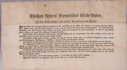 Christian Ritter's Rare Europaisches Pferde-Pulver Pennsylvania Broadside - 1805
