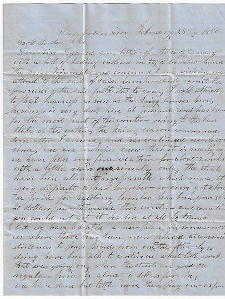 Cook Borden and Co. Letter - San Francisco - Gold Mining - Lumber - 1850