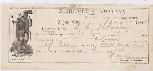 Territory of Montana - Mining Receipt - Jany 10, 1865