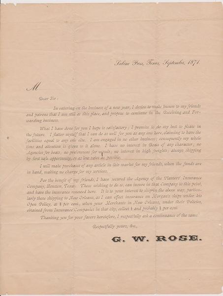 G.W. Rose - Sabine Pass, Texas - Shipping Circular 1871