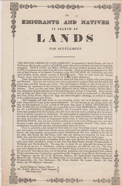 (Canada) To Emigrants and Natives In Search of Lands for Settlement