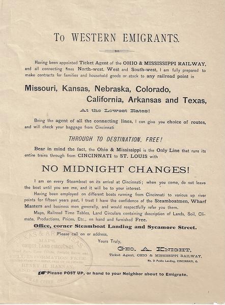 To Western Emigrants - Broadside - Ohio and Mississippi Railway