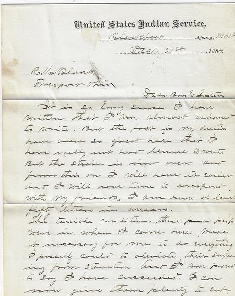 "THE TERRIBLE CONDITION THESE POOR PEOPLE WERE IN WHEN I CAME HERE MADE IT NECESSARY FOR ME TO DO EVERYTHING I POSSIBLY COULD TO ALLEVIATE THEIR SUFFERING AND STARVATION....26,000 POUNDS OF BACON, 272,000 POUNDS OF BEEF, 295,000 POUNDS OF FLOUR...8500 POUNDS OF COFFEE, BUT AS I AM CREDITED BY THE PEOPLE AND PRESS OF MONTANA OF HELPING THEM OUT & AM NOW SATISFIED."
