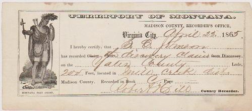 Montana Mining Claim Receipt - April 28, 1865 - Virginia City