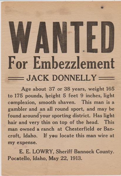 Wanted For Embezzlement - Jack Donnelly - 1913