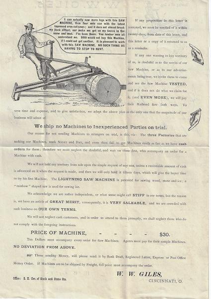 The W.W. Giles Lightning Saw Machine - April 30, 1879