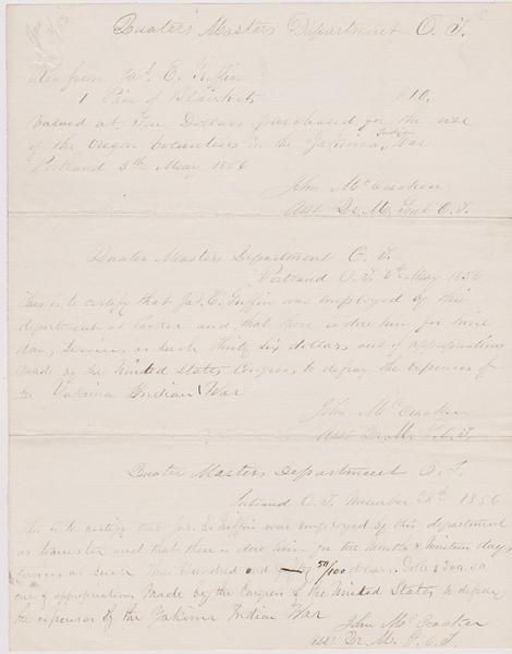 Yakima Indian War Pay Vouchers - 1856